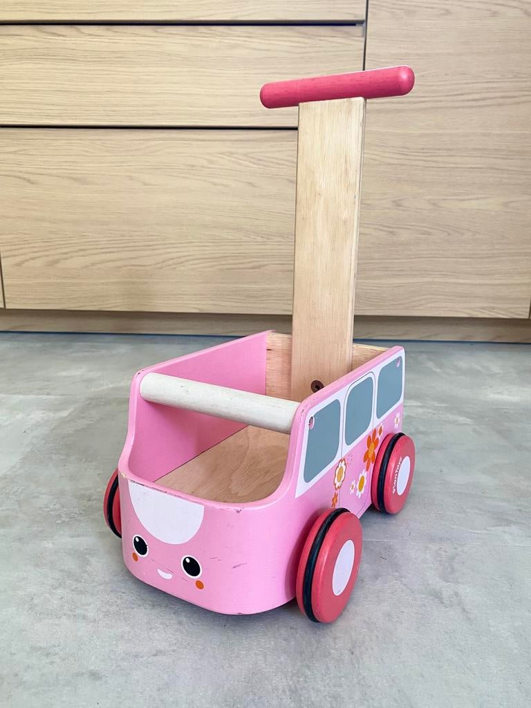 Plantoys loopkarretje roze bus (2), Kinderen en Baby's, Speelgoed | Houten speelgoed, Ophalen, Gebruikt, Duw- of Trekspeelgoed