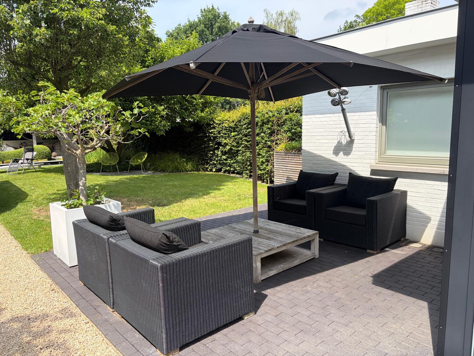 4 zwarte loungezetels met quasi nieuwe kussens, Tuin en Terras, Ophalen, Gebruikt, 4 zitplaatsen, Loungeset