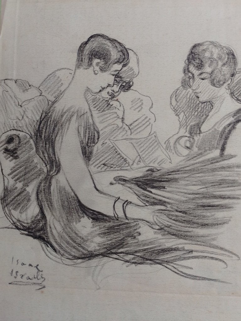 Isaac Israels  Tekening   Gezelschap Dames, Antiek en Kunst, Verzenden, Tekening, Potloodtekening, Gesigneerd