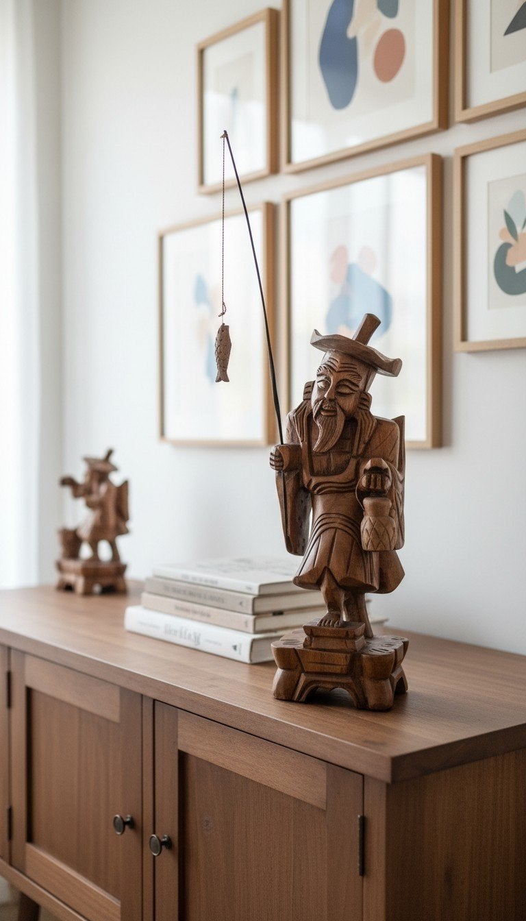 Vintage houten vissersbeeld uit de jaren 60, Antiek en Kunst, Kunst | Beelden en Houtsnijwerken, Ophalen of Verzenden, Handgemaakt