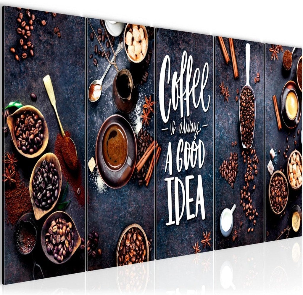 Canvas Schilderij 5-Luik Koffie Coffee – Gratis Verzending!, Verzenden, Op houten frame, Giclée, Overig onderwerp