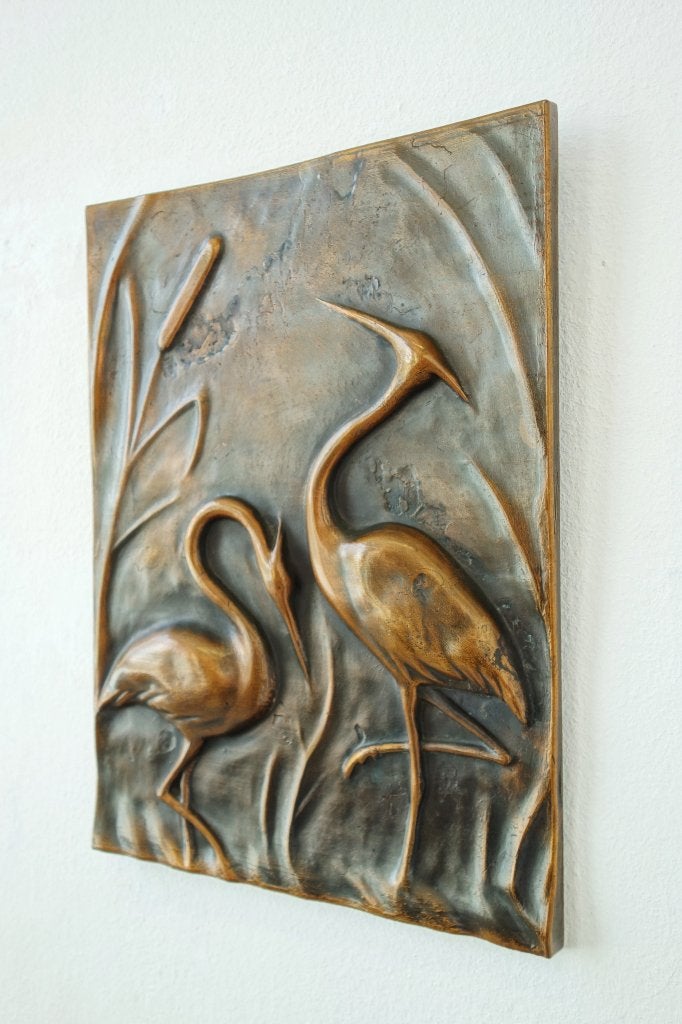 Vintage wandreliëf brons reigers kraanvogels Fifties baby, Ophalen of Verzenden, Brons