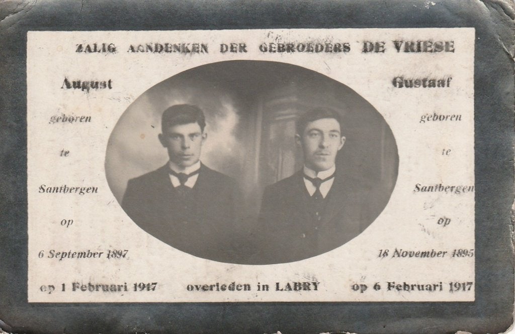 Gesneuvelden  Gustaaf en August De Vriese Labry 1917, Verzamelen, Bidprentjes en Rouwkaarten, Verzenden