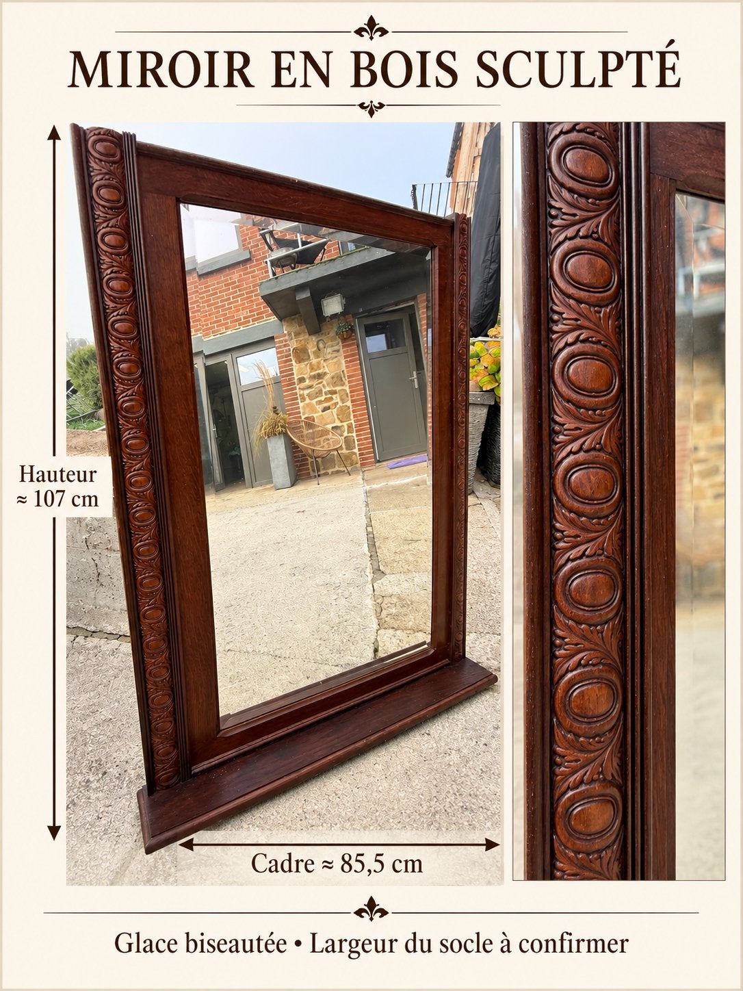 Grand miroir en bois sculpté – Glace biseautée, Antiquités & Art, Enlèvement, Rectangulaire, 50 à 100 cm, 100 à 150 cm