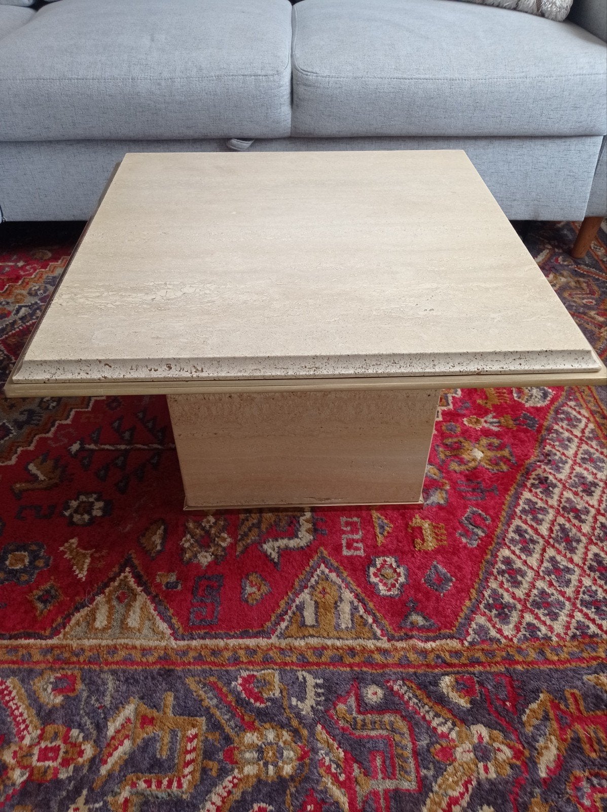 Fedam travertin salontafel met messing uit de seventies, Huis en Inrichting, Tafels | Salontafels, Zo goed als nieuw, 50 tot 100 cm