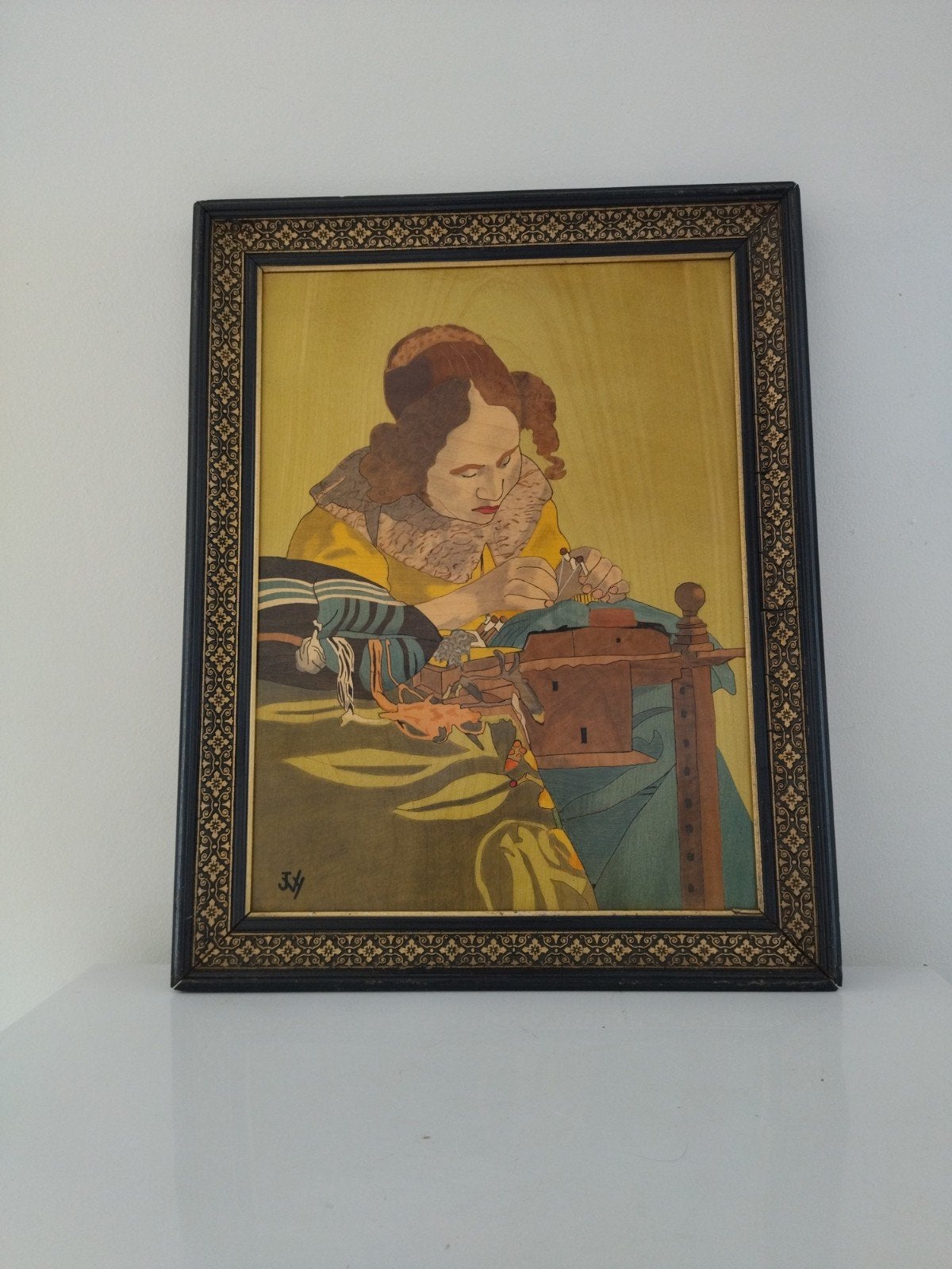 Tableau vintage pyrogravure et peinture sur bois, Antiek en Kunst, Ophalen of Verzenden, Vintage, Overige technieken, Paneel