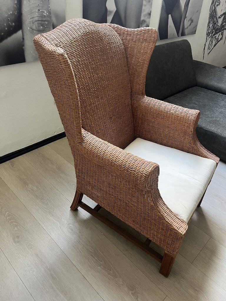 Prachtige landelijke oorfauteuil, Maison & Meubles, Fauteuils, Comme neuf, Osier ou Rotin, 75 à 100 cm, Enlèvement