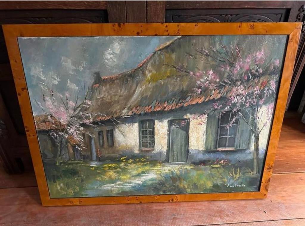 Schilderij met kader (75x56 cm) - hoeve - olie op doek, Antiek en Kunst, Ophalen