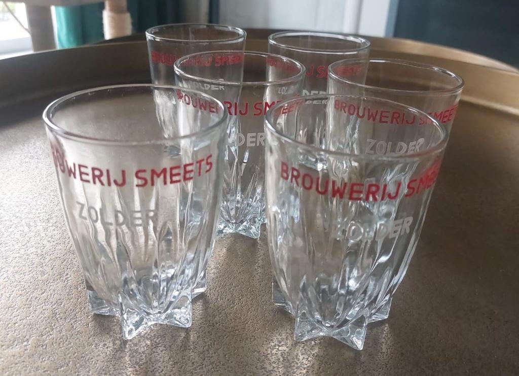 SET VAN 6 oude limonade glazen brouwerij Smeets Zolder, Verzamelen, Ophalen, Nieuw, Frisdrankglas