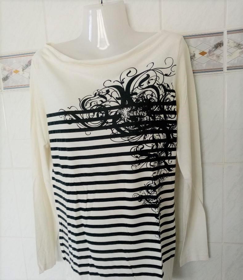 Xandres : ecru /zwart longsleeve boothals leuke t-shirt , M, Beige, Ophalen of Verzenden, Zo goed als nieuw, Lange mouw