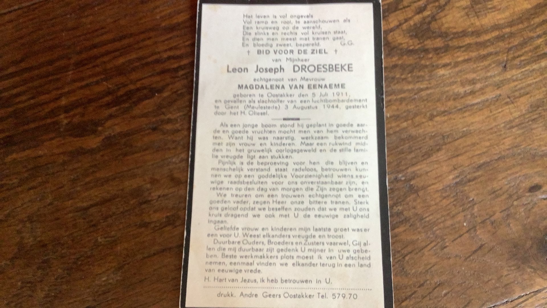 Victime de guerre 1944 Gent, Collections, Images pieuses & Faire-part, Enlèvement ou Envoi