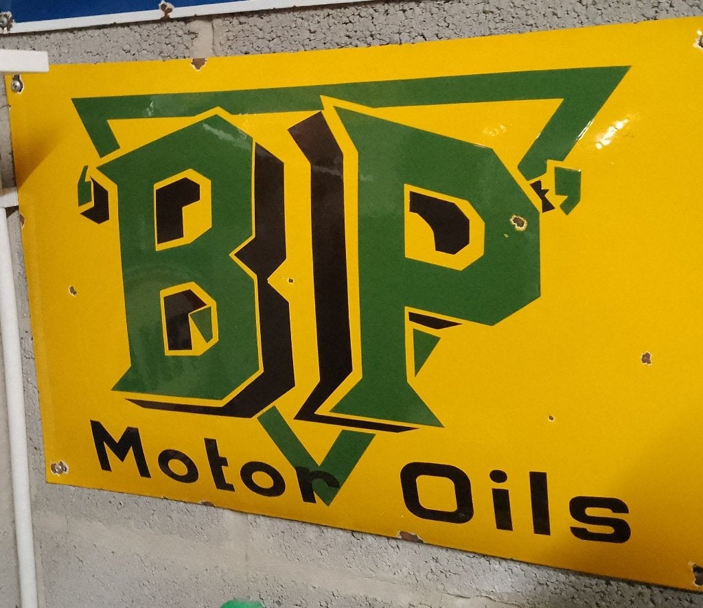 Panneau emaillé BP, Enlèvement, Utilisé, Panneau publicitaire