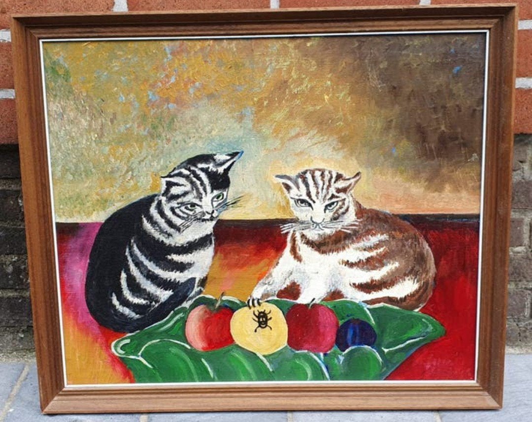 Olieverfschilderij twee katten in houten lijst - 60x50 cm, Antiquités & Art, Art | Peinture | Moderne, Peinture à l'huile, Bois