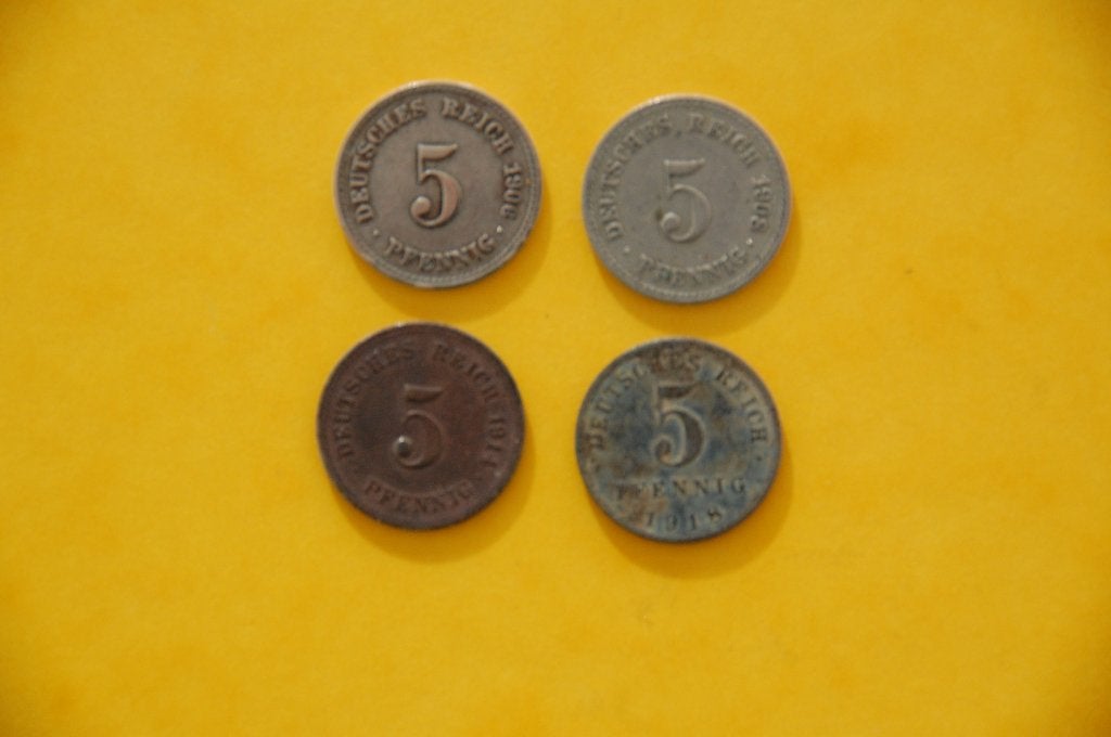 REICH allemand : 5 Pfennig 1906A/08A/14A/18A, Envoi, Allemagne, Série