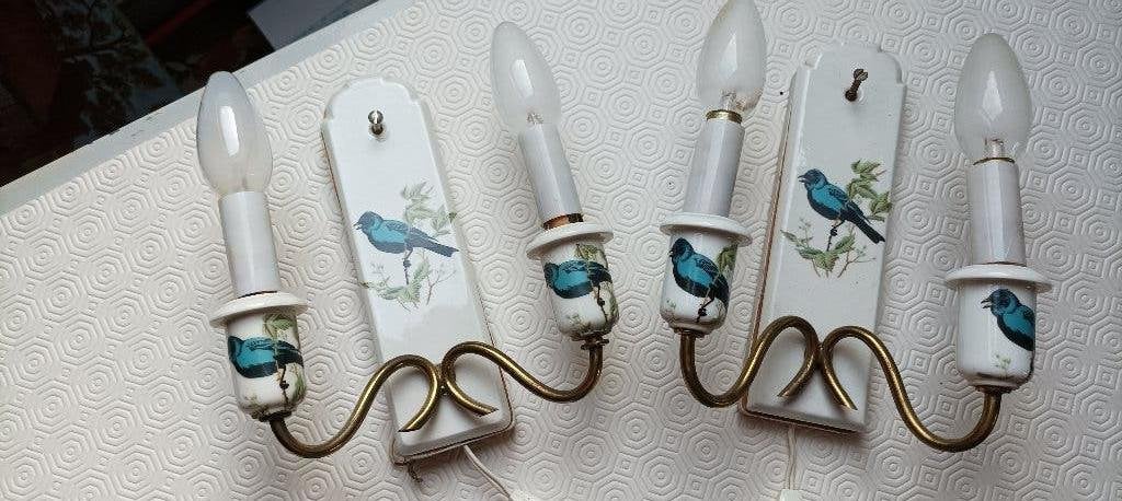 2 appliques de 2 lampes pour salle de bains, motif : oiseaux, Bleu, Applique murale, Comme neuf, Céramique