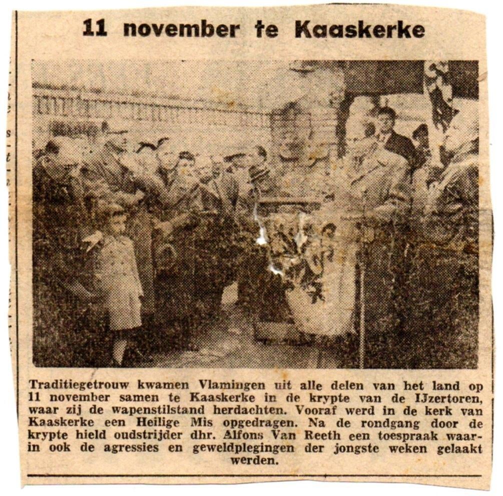 Kaaskerke krantenknipsel Ijzertoren Alfons Van Reeth 11/11, Verzamelen, Ophalen of Verzenden