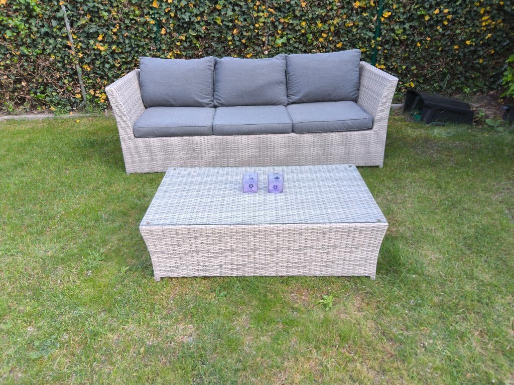 Te koop loungeset wicker 3-zit + salontafel met glas, Ophalen, Overige materialen, 200 cm of meer, 50 tot 100 cm