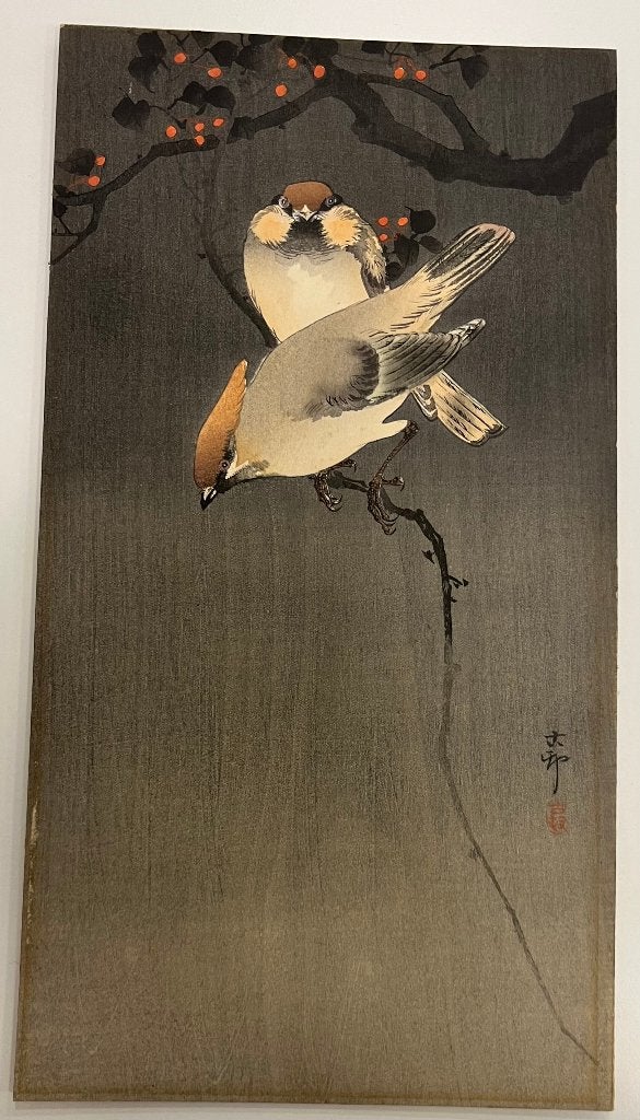 Houten wandpaneel met twee vogels op tak – naar Koson, Antiek en Kunst, Verzenden