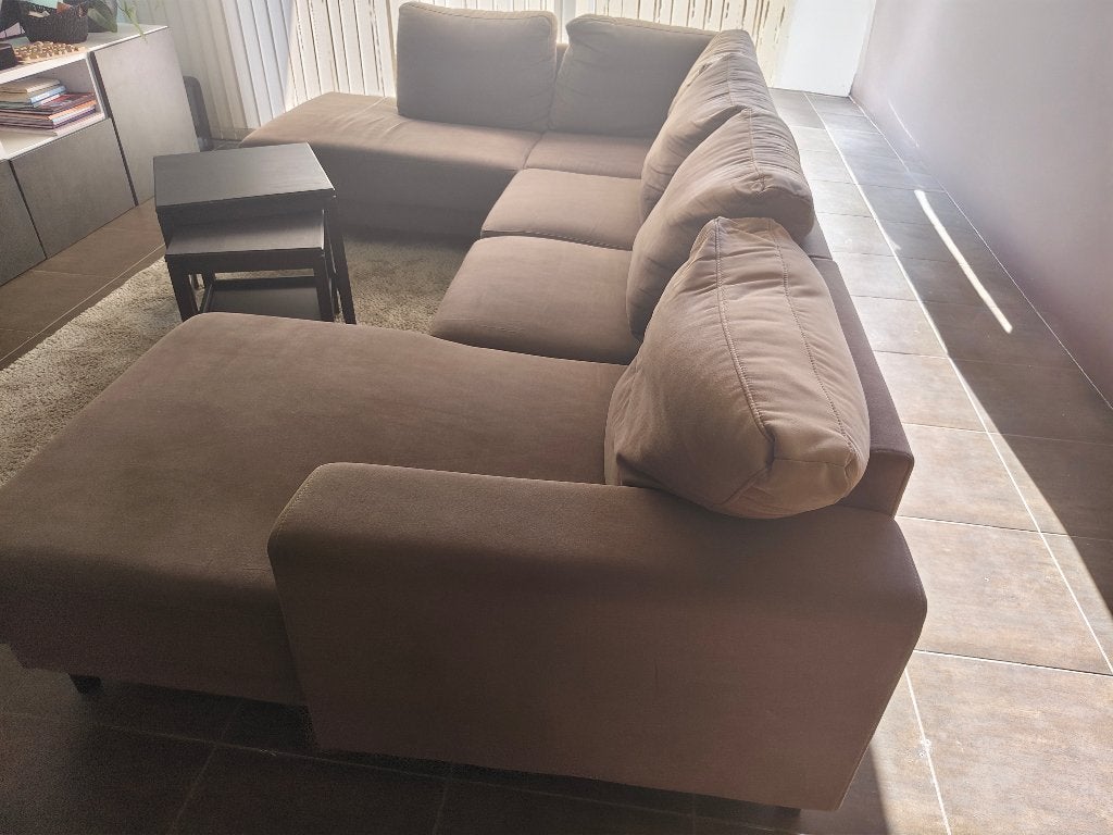 Ruime stoffen hoekzetel (305 cm) + GRATIS dubbele salontafel, Enlèvement, Utilisé, Tissus, Modern Lounge