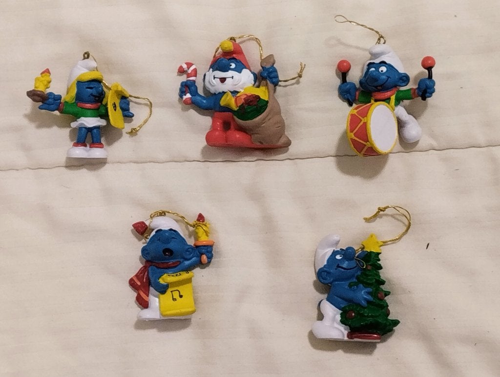 Set kerst decoratie smurfen met hanger, Verzamelen, Ophalen of Verzenden, Gebruikt, Verschillende Smurfen, Poppetje, Figuurtje of Knuffel