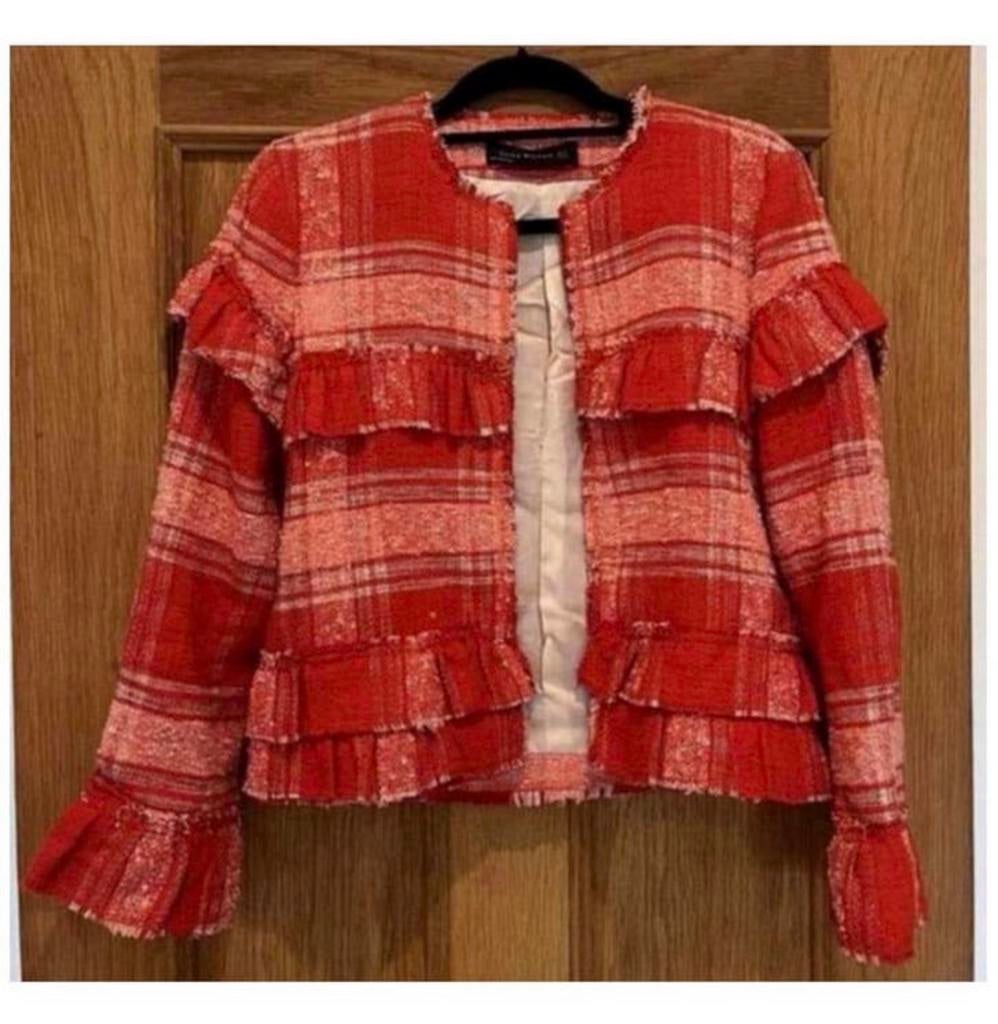 Zara Rood Geruit Freyed Zoom Gingham Blazer Jas Jack vest M, Kleding | Dames, Truien en Vesten, Zo goed als nieuw, Maat 38/40 (M)