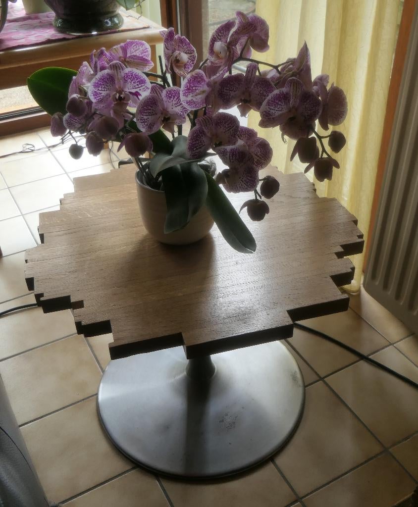 salontafel uniek model eikenhout RVS rond 50 cm, Ophalen, Gebruikt, Rond, 50 tot 100 cm