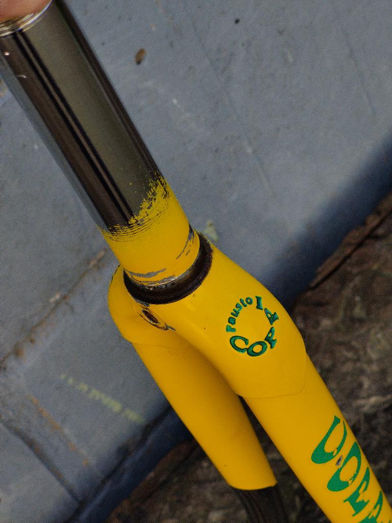 Fausto Coppi voor vork - geel vintage +/- 1980, Fietsen en Brommers, Fietsaccessoires | Overige Fietsaccessoires, Gebruikt, Ophalen of Verzenden