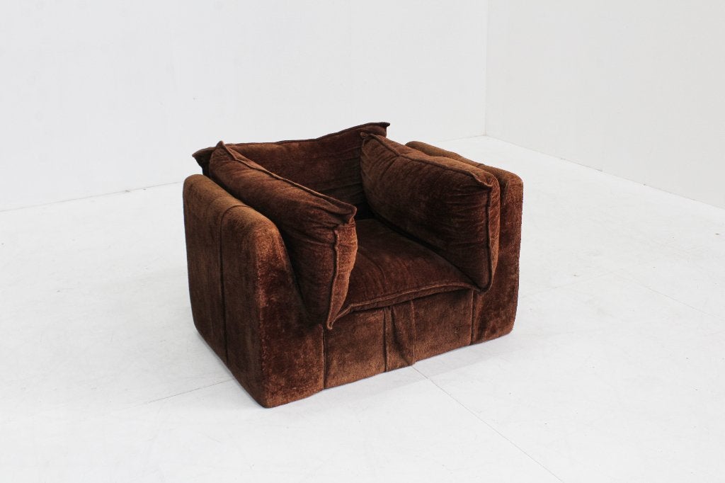 Vintage italiaanse fauteuil bruin velours jaren 70, 75 à 100 cm, Vintage, design, Enlèvement ou Envoi, Comme neuf