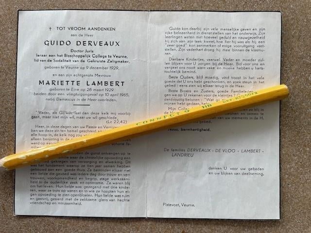 VLIEGTUIGONGEVAL DervauxVeurne-Lambert omgekomen Damascus, Verzamelen, Bidprentjes en Rouwkaarten, Ophalen of Verzenden, Bidprentje