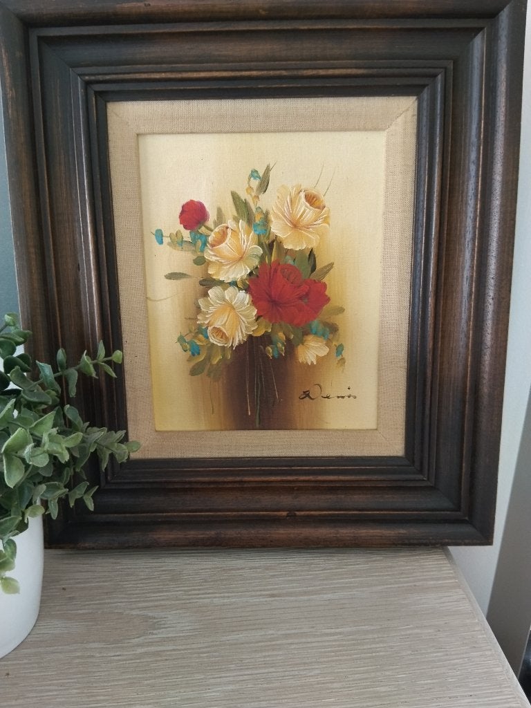 vintage schilderij , zware houten kader, geschilderd, Ophalen of Verzenden, Vintage, Handgeschilderd, Bloemen