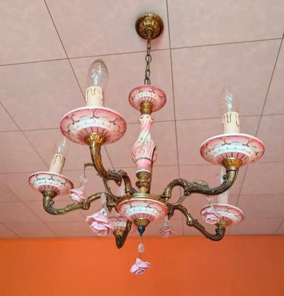Vintage Italiaanse luster / kroonluchter – Porseleinen rozen, Antiek en Kunst, Ophalen