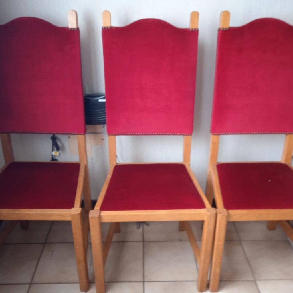 6 eiken stoelen met rood fluweel, 50€ voor de 6, 10€/stuk, Ophalen, Rood