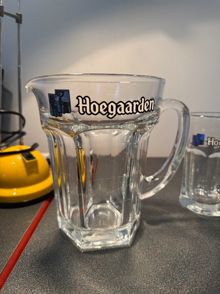 Hoegaarden glazen set – 6 glazen + originele schenkkan, Verzamelen, Ophalen, Zo goed als nieuw, Bierglas