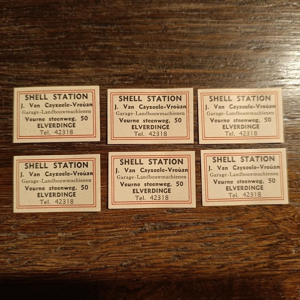 6 x Lucifer etiket Shell Station Elverdinge Ieper, Ophalen of Verzenden
