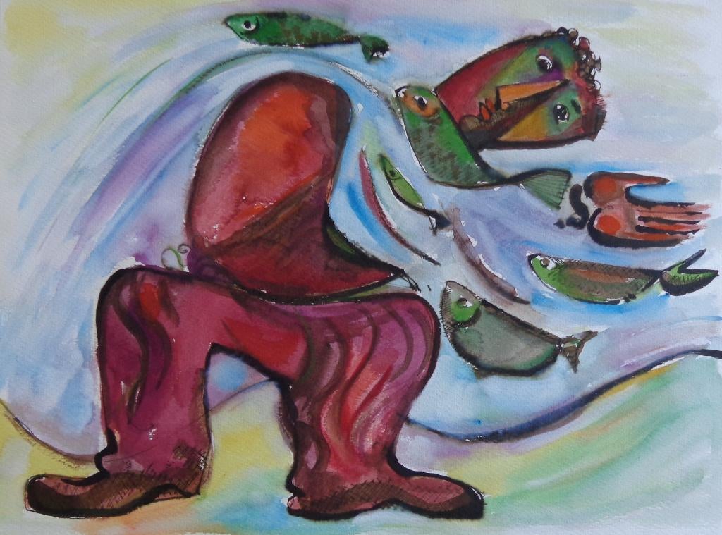 JOEL KASS / VISSERSFIGUUR / ORIGINEEL WERK / 56x76cm, Antiquités & Art, Art | Peinture | Moderne, Enlèvement ou Envoi, Signé, Aquarelle