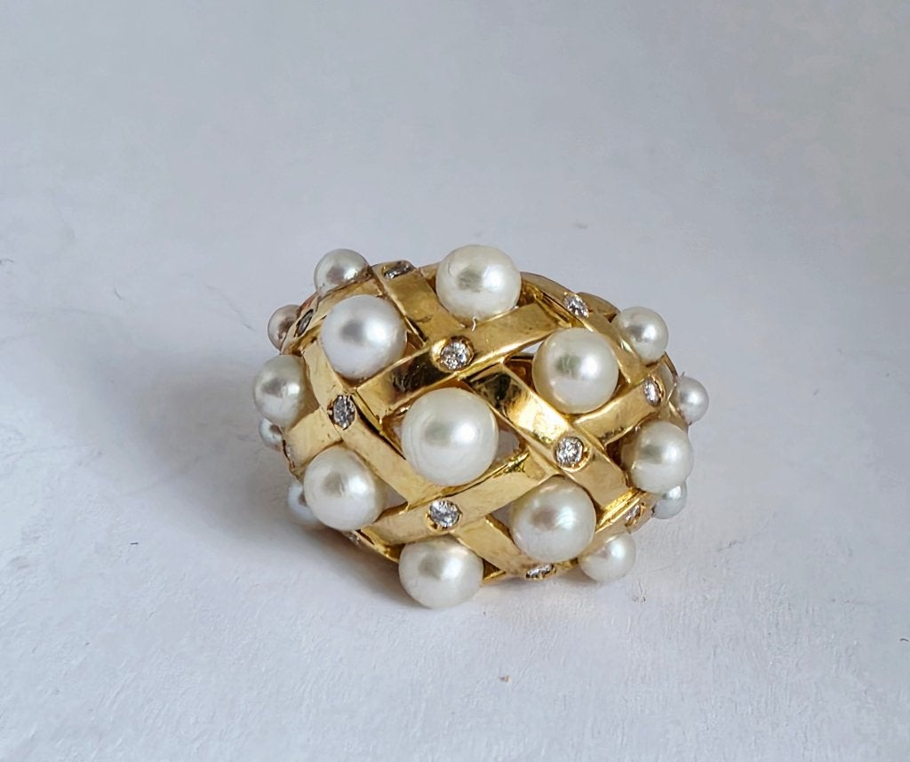 Massieve gouden ring met parels en diamanten, Bijoux, Sacs & Beauté, Enlèvement ou Envoi, Or, Plus petit que 17, Or