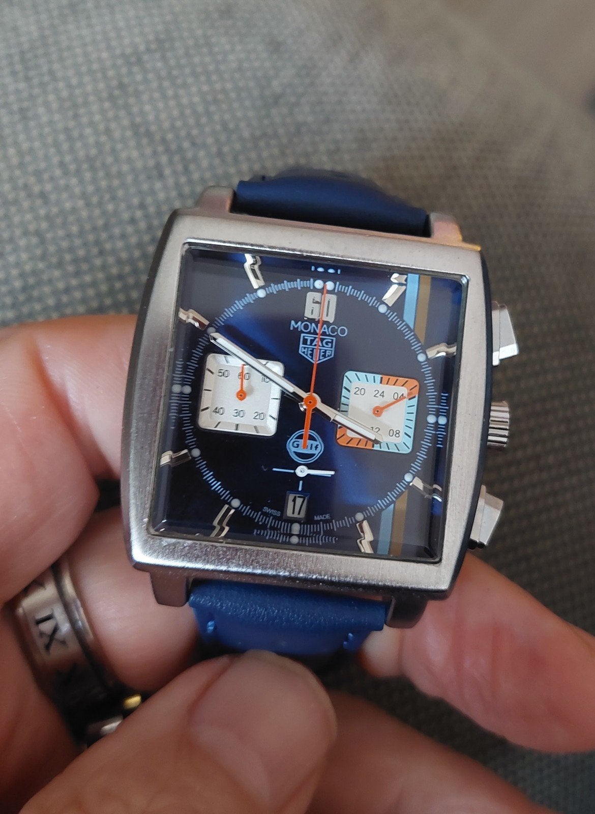 Prachtige Tag Heuer Monaco Gulf ChronograafAutomatic,datum, Enlèvement ou Envoi, Cuir, Acier, TAG Heuer