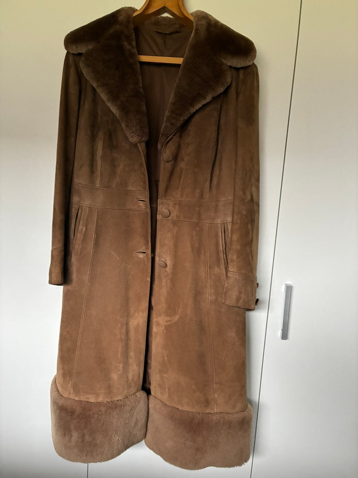 Vintage damesmantel daim ( jaren 70 ), Ophalen, Gedragen, Maat 38/40 (M), Bruin