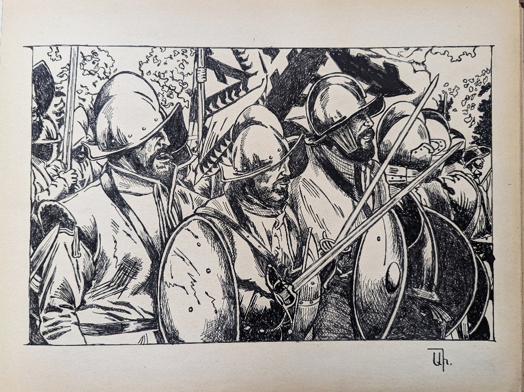"De laatste slag. Landsknechten", Antiek en Kunst, Figuren, Verzenden, Papier/karton, Gesigneerd