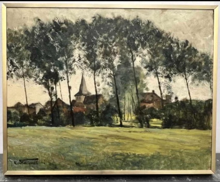 Huile sur panneau signe Lucien staquet, Antiquités & Art, Enlèvement ou Envoi, Panneau