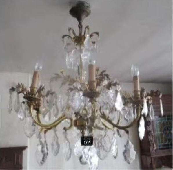 Beau grand lustre en cuivre antique avec cercles de cristal, Enlèvement ou Envoi