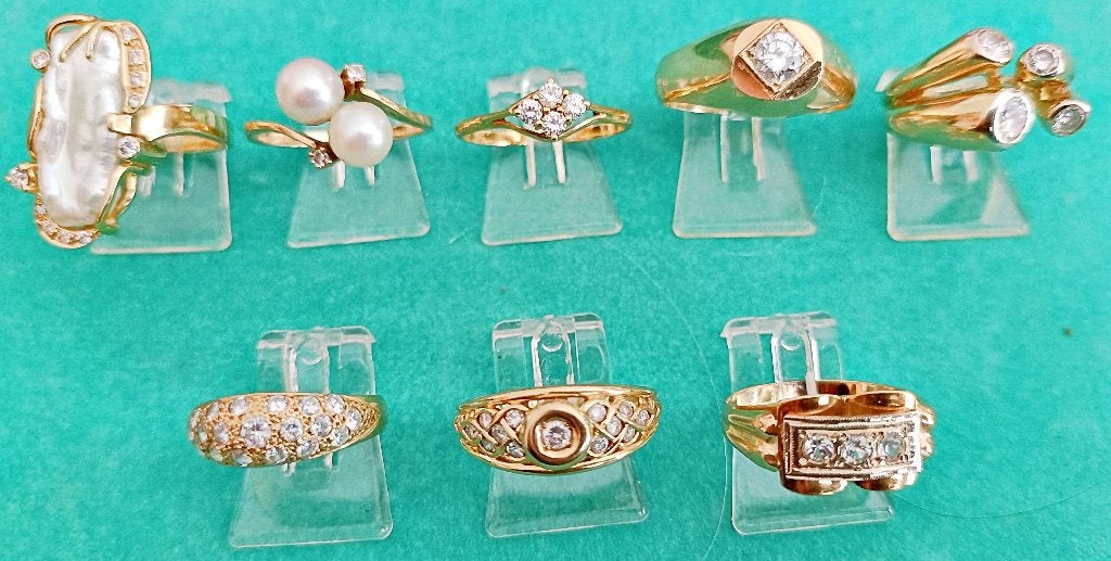 Bagues or jaune 18K + diamant(s)/perle(s)/zircons NEUVES, Neuf, Femme ou Homme, Or, Avec pierre précieuse