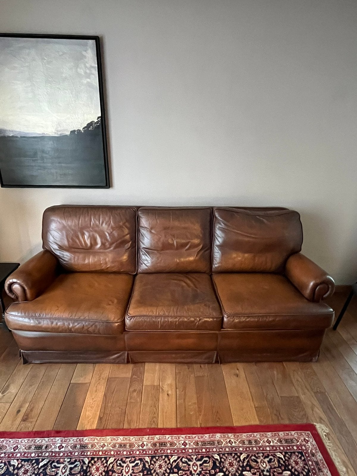 Lederen drie-zit zetel, Maison & Meubles, 250 à 300 cm, Banc droit, Enlèvement, Utilisé