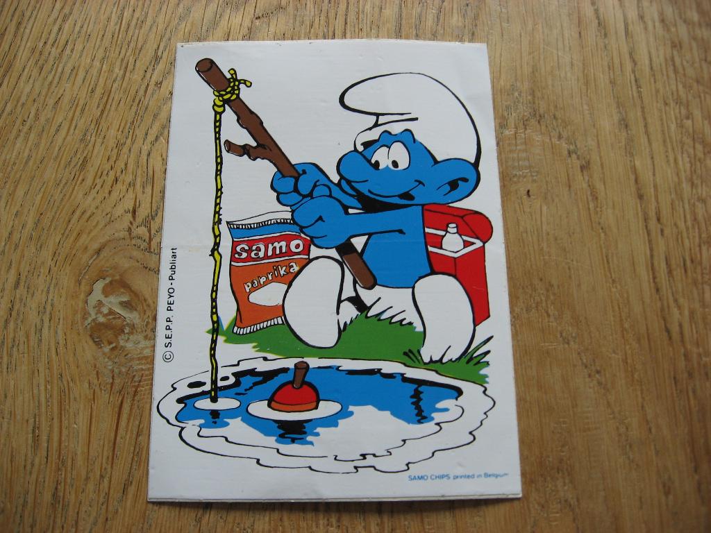 Smurfen Sepp Peyo Samo Chips Vintage Sticker, Ophalen of Verzenden, Smurfen, Nieuw, Plaatje, Poster of Sticker