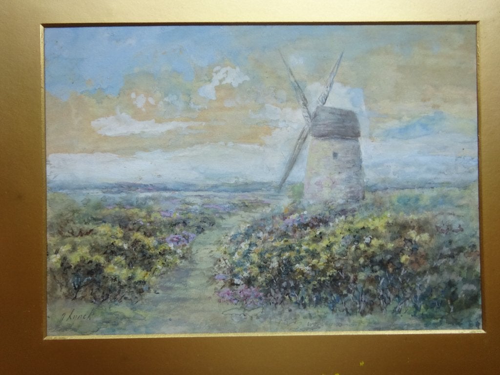 Molenzicht, aquarel, 25 x 35 cm, onleesbaar signatuur, Aquarelle, Paysage, Peint à la main, Enlèvement