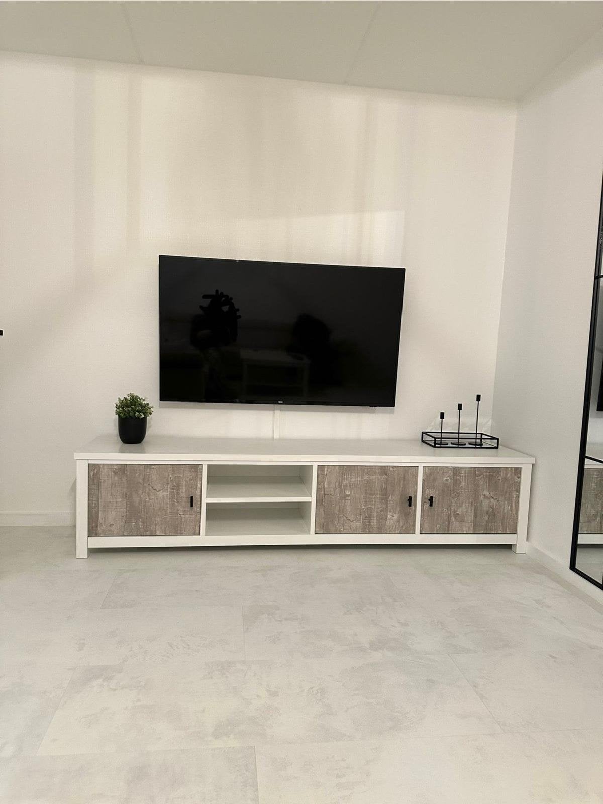 Tvmeubel + dressoirkast en spiegel, 200 cm ou plus, Witte kasten met grijsachtige kastdeuren., Moins de 100 cm, Comme neuf