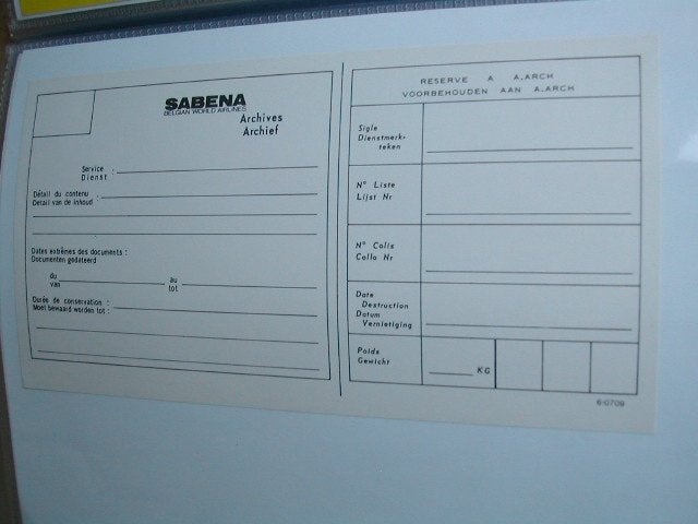 Sabena Document #013 Archives – Old Logo & Old Text, Ophalen of Verzenden, Nieuw
