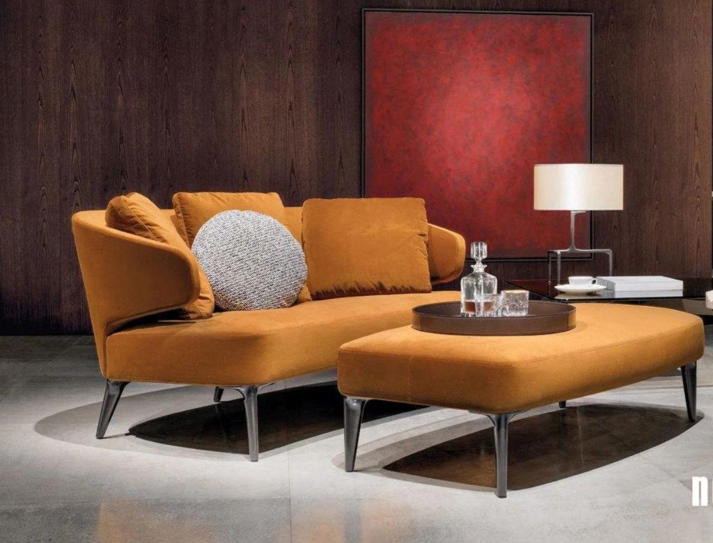 TBE Minotti Aston canapé + pouf velours jaune – PN: 11.000€, Enlèvement ou Envoi, Comme neuf, Tissus, Design Bankstellen Minotti