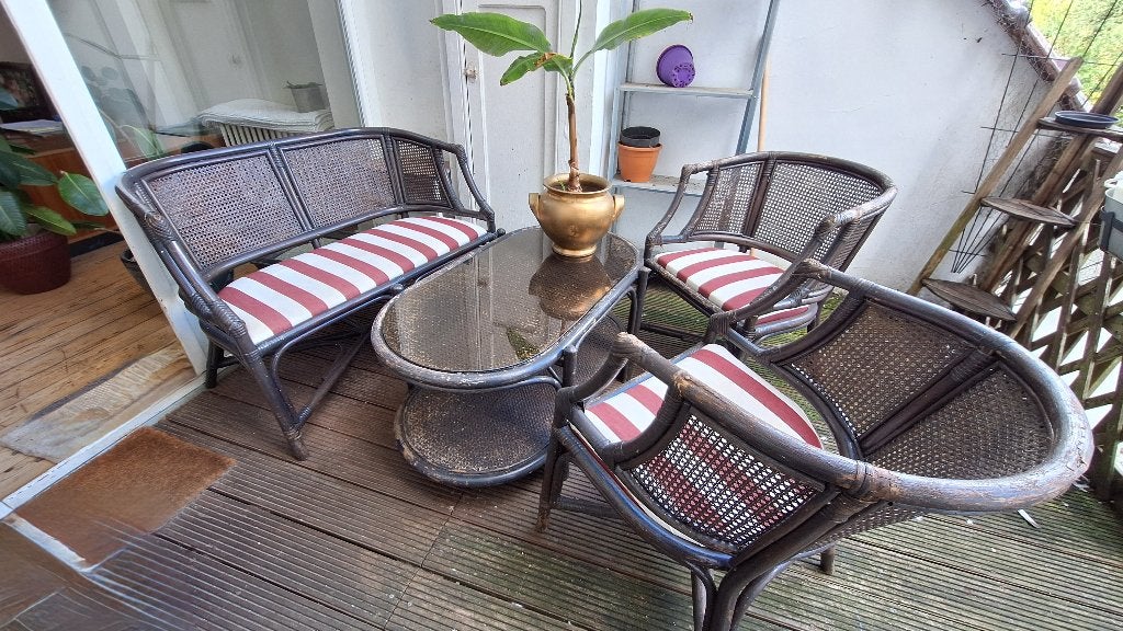 Salon de jardin en rotin – 4 pièces – enlèvement Bruxelles, Rotin, Banque, Salons de jardin, Utilisé