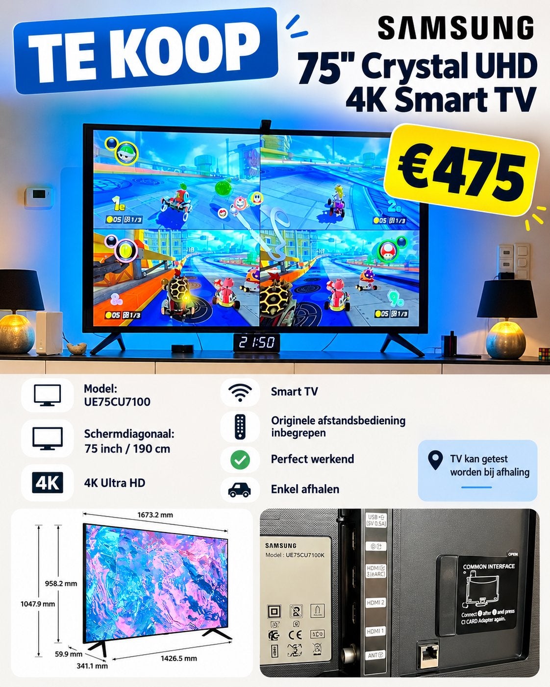TV Samsung 75” Crystal UHD 4K Smart TV UE75CU7100 + GOVEE, Enlèvement, Comme neuf